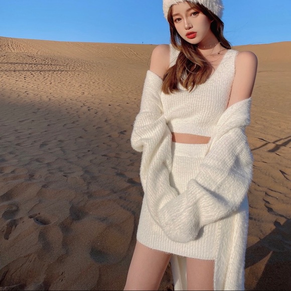 Sweater cardigan 3PCS SET skirt crop top fuzzy eyelash white soft womens - Picture 6 of 15